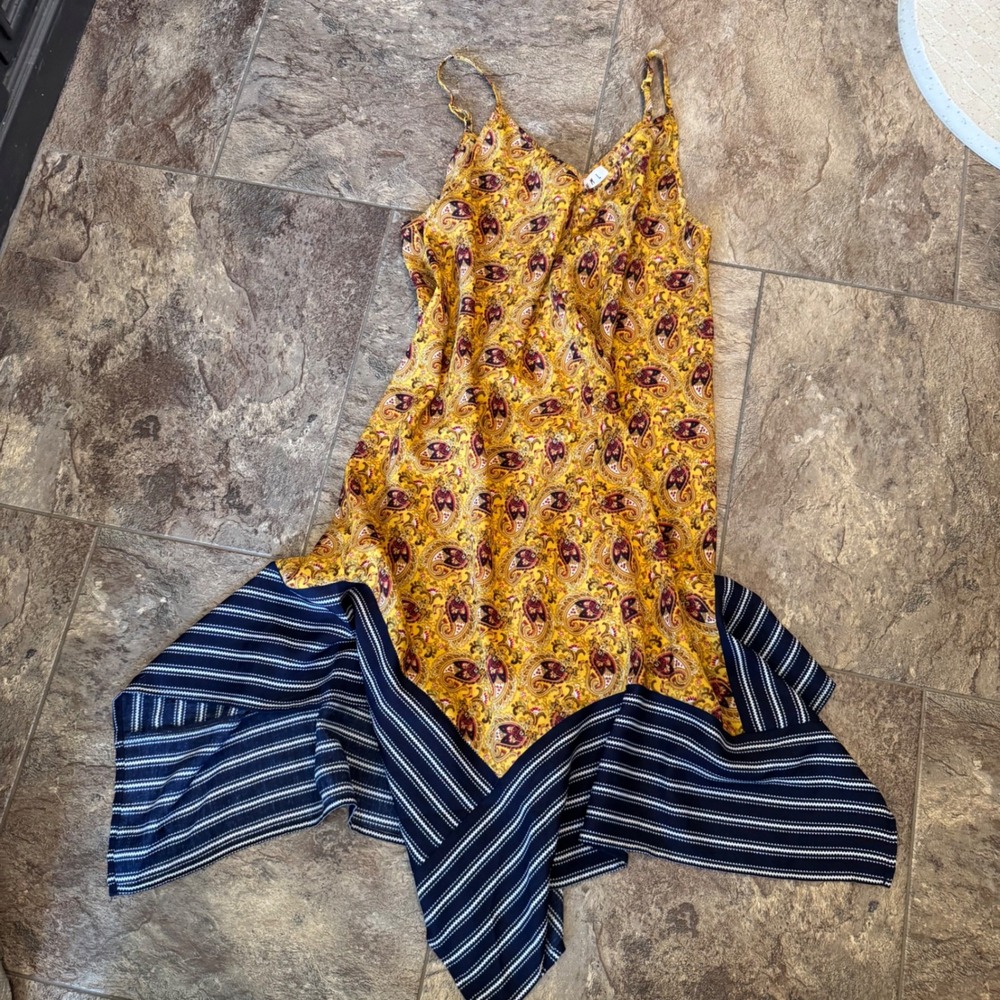 Boho Paisley Mixed Print Handkerchief Hem Dress Women Size S Yellow Blue THML